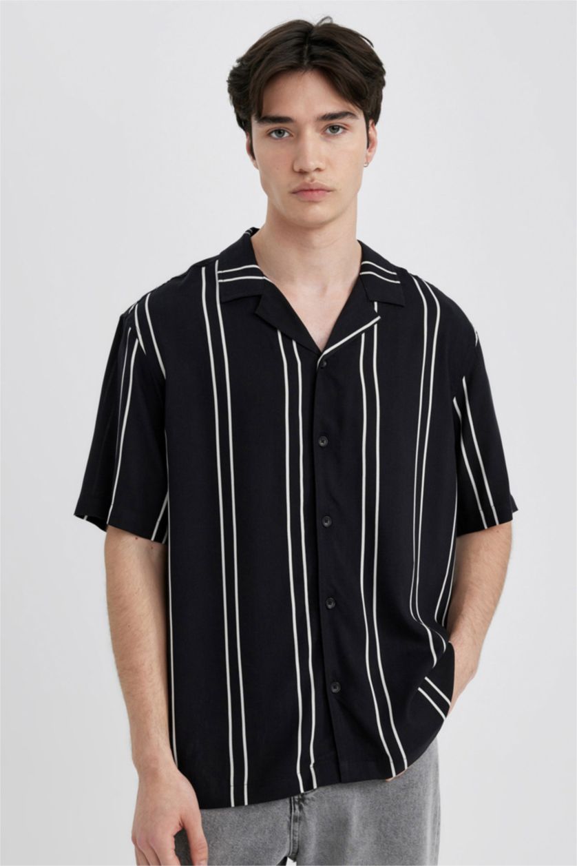 MAN Black Regular Fit Viscose Short Sleeve Shirt