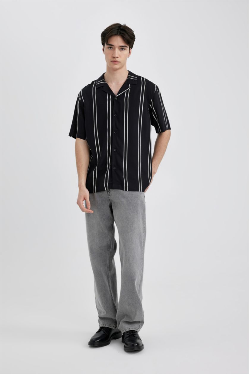 MAN Black Regular Fit Viscose Short Sleeve Shirt