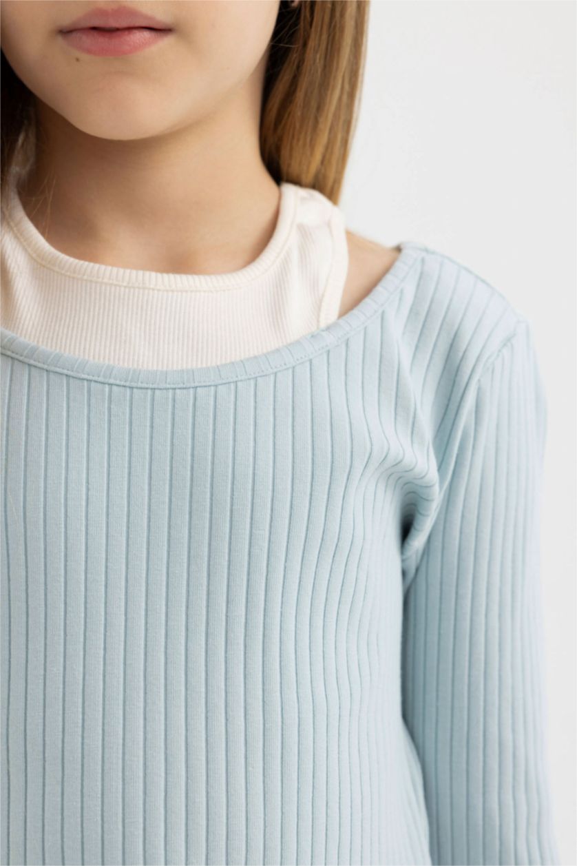 بنات أزرق فاتح تيشيرت بناتي ردن طويل مضلع سليم فيت وياخة مستديرة