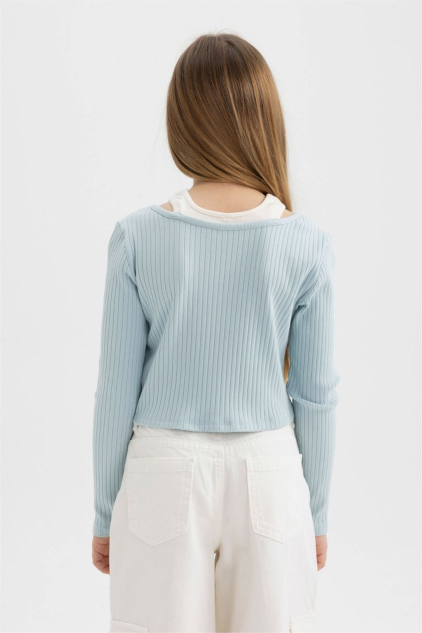 بنات أزرق فاتح تيشيرت بناتي ردن طويل مضلع سليم فيت وياخة مستديرة