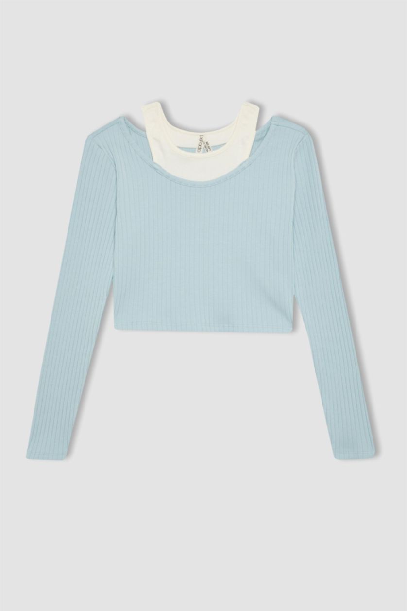 بنات أزرق فاتح تيشيرت بناتي ردن طويل مضلع سليم فيت وياخة مستديرة