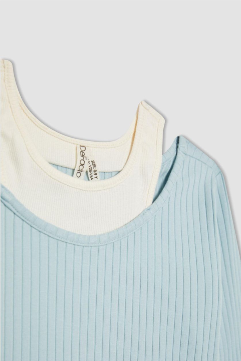 بنات أزرق فاتح تيشيرت بناتي ردن طويل مضلع سليم فيت وياخة مستديرة