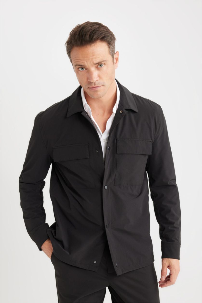 MAN Black Regular Fit Polo Collar Shirt Jacket