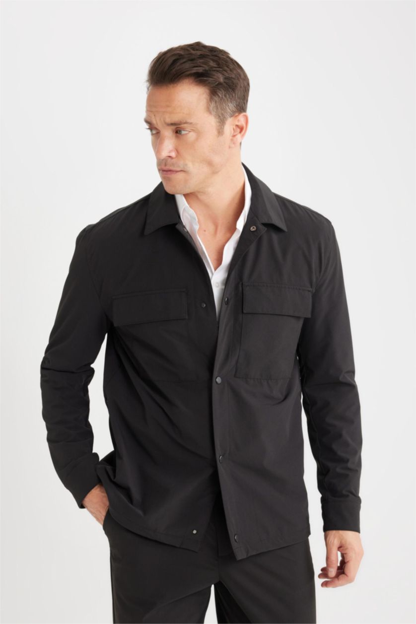 MAN Black Regular Fit Polo Collar Shirt Jacket