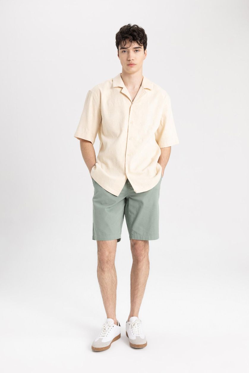 Erkek Taş Relax Fit Yazlık Apaş Yaka Pamuklu Dokulu Kısa Kollu Gömlek