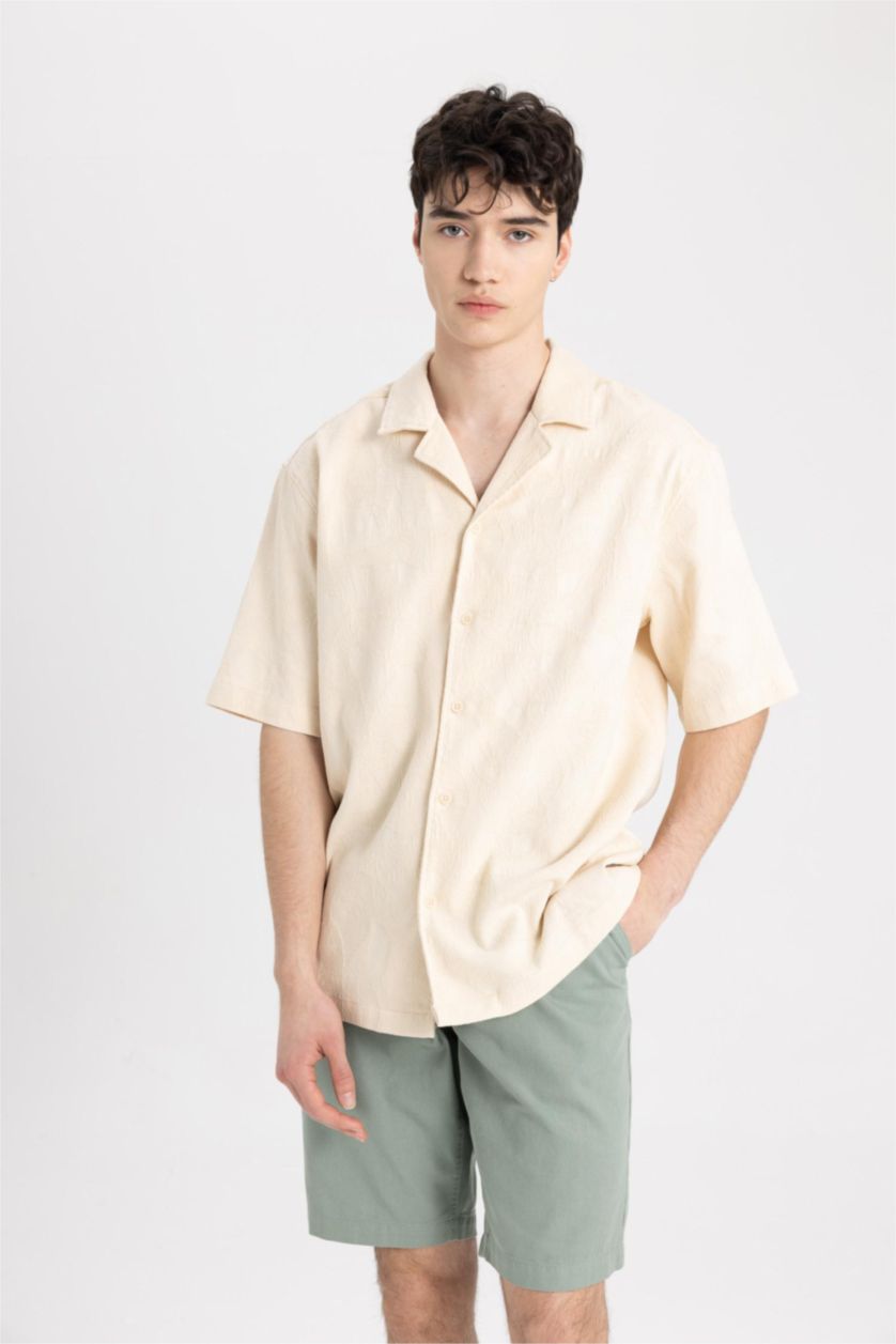 Erkek Taş Relax Fit Yazlık Apaş Yaka Pamuklu Dokulu Kısa Kollu Gömlek