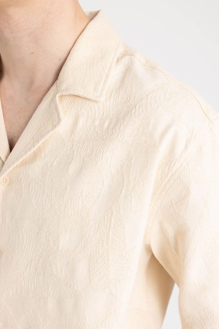 Erkek Taş Relax Fit Yazlık Apaş Yaka Pamuklu Dokulu Kısa Kollu Gömlek