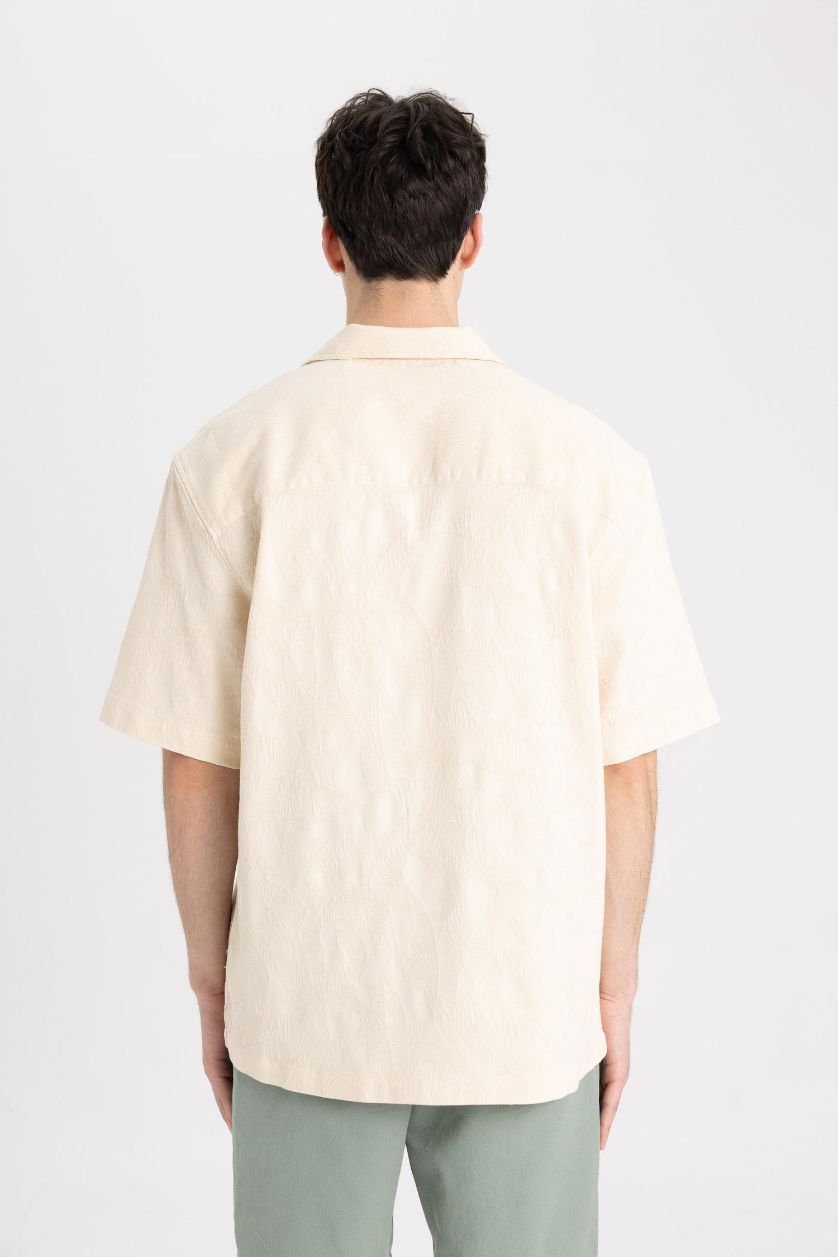 Erkek Taş Relax Fit Yazlık Apaş Yaka Pamuklu Dokulu Kısa Kollu Gömlek