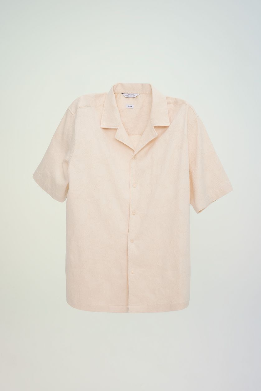 Erkek Taş Relax Fit Yazlık Apaş Yaka Pamuklu Dokulu Kısa Kollu Gömlek