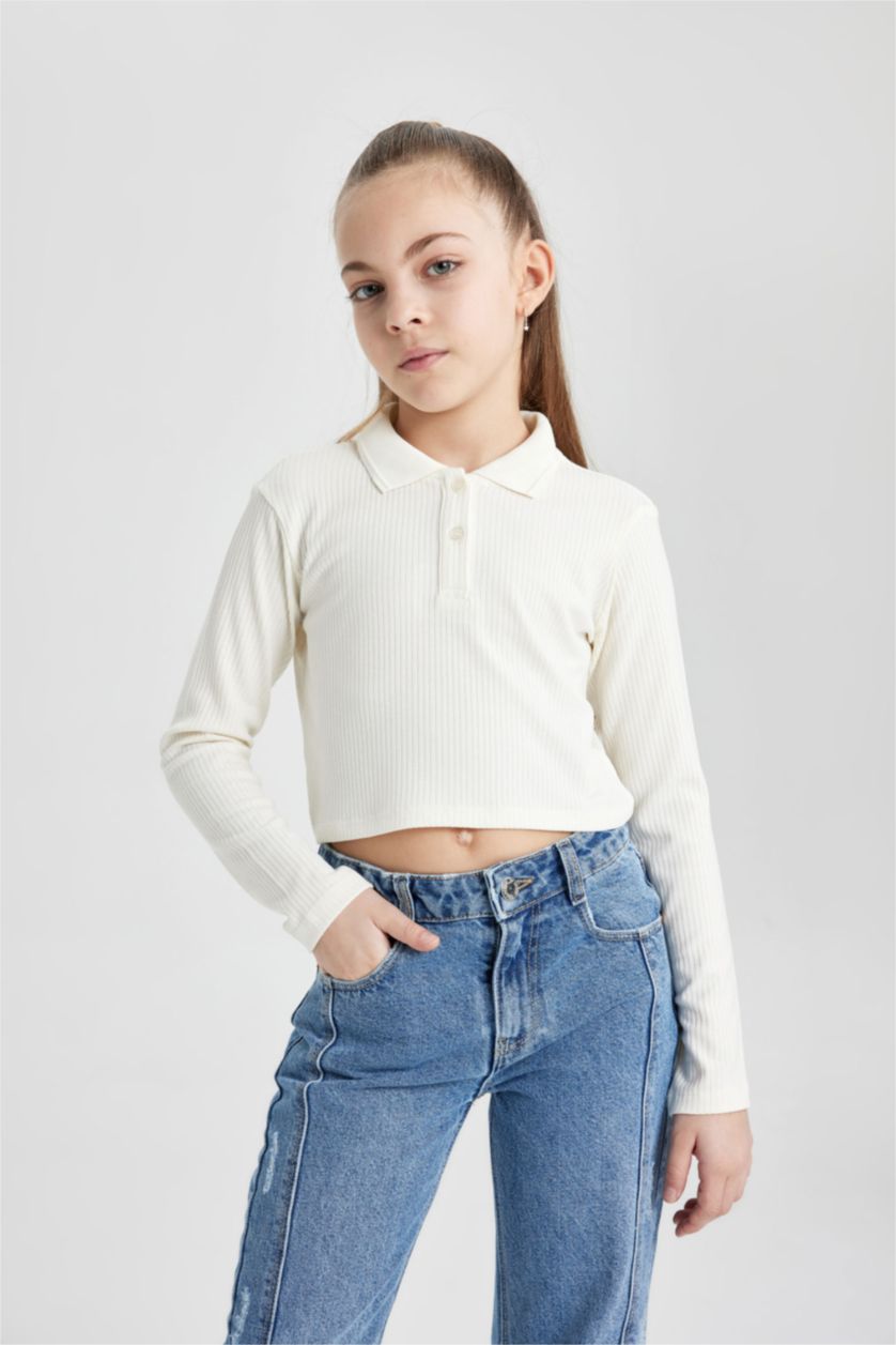 Kız Çocuk - Genç Kız Kırık Beyaz Kız Çocuk Polo Yaka Ribana Uzun Kollu Basic Düz Tişört