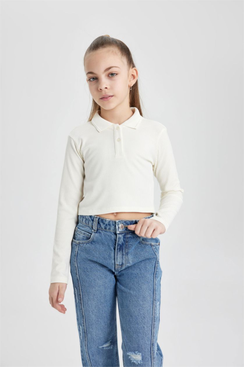 Kız Çocuk - Genç Kız Kırık Beyaz Kız Çocuk Polo Yaka Ribana Uzun Kollu Basic Düz Tişört