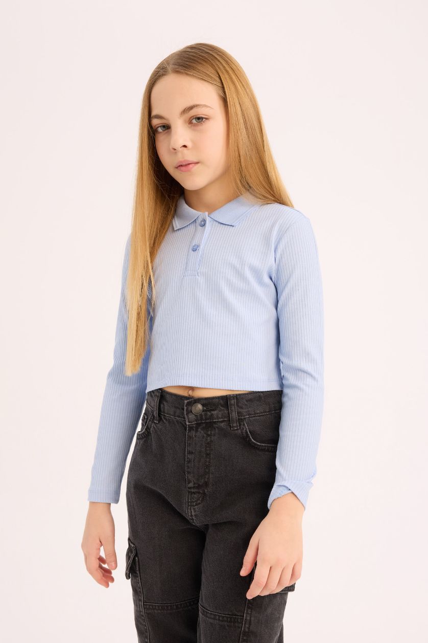 GIRLS & TEENS Light Blue Girl Slim Fit Ribbed Long Sleeve Polo T-Shirt