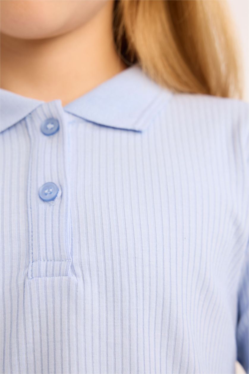 GIRLS & TEENS Light Blue Girl Slim Fit Ribbed Long Sleeve Polo T-Shirt