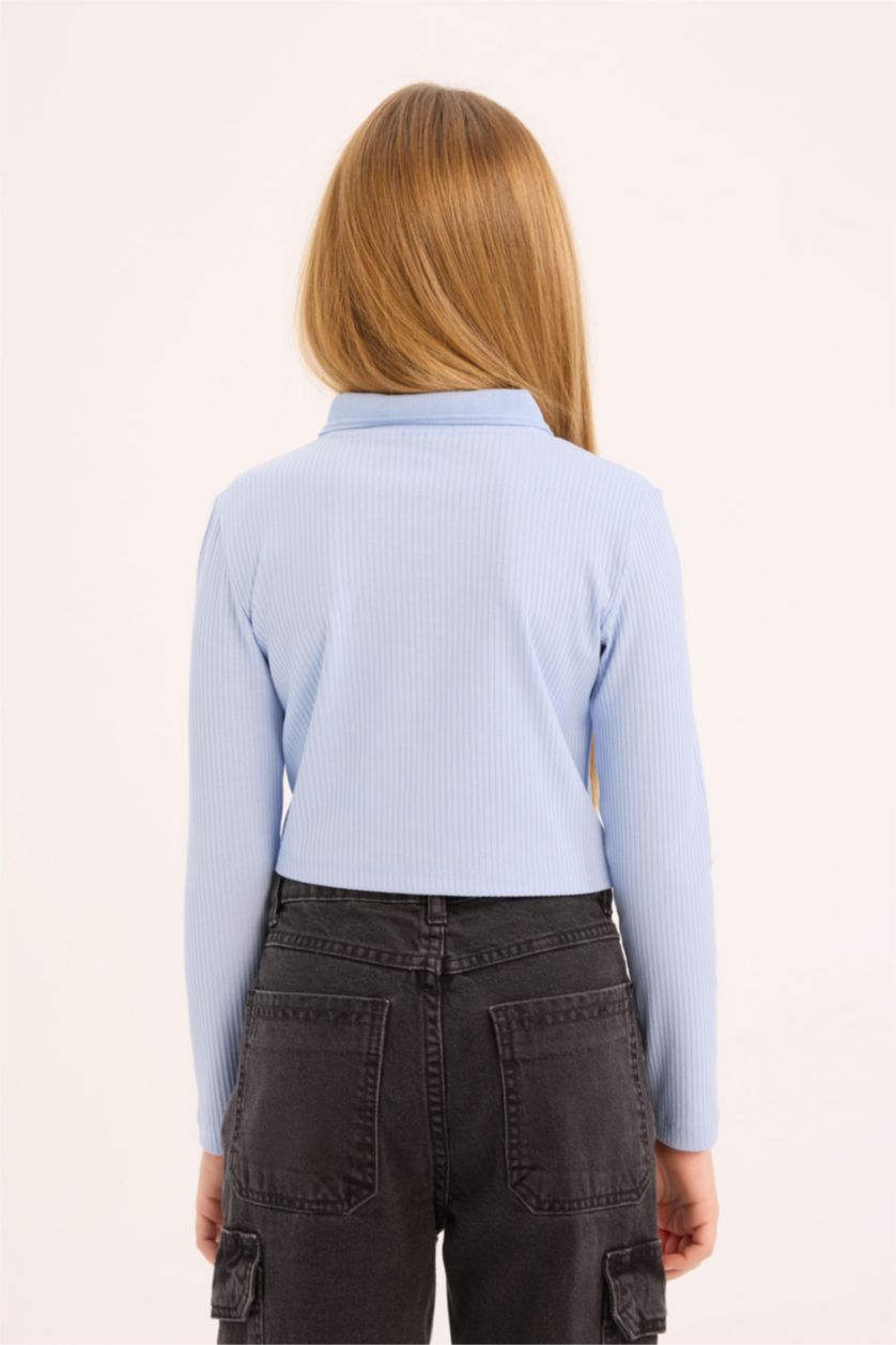 GIRLS & TEENS Light Blue Girl Slim Fit Ribbed Long Sleeve Polo T-Shirt