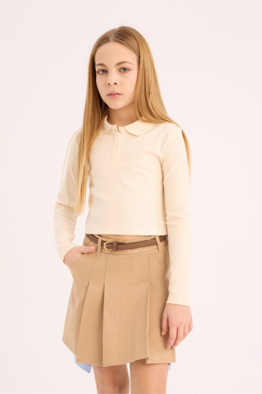 FILLES Écru T-shirt Polo slim en maille côtelée à manches longues pour fille