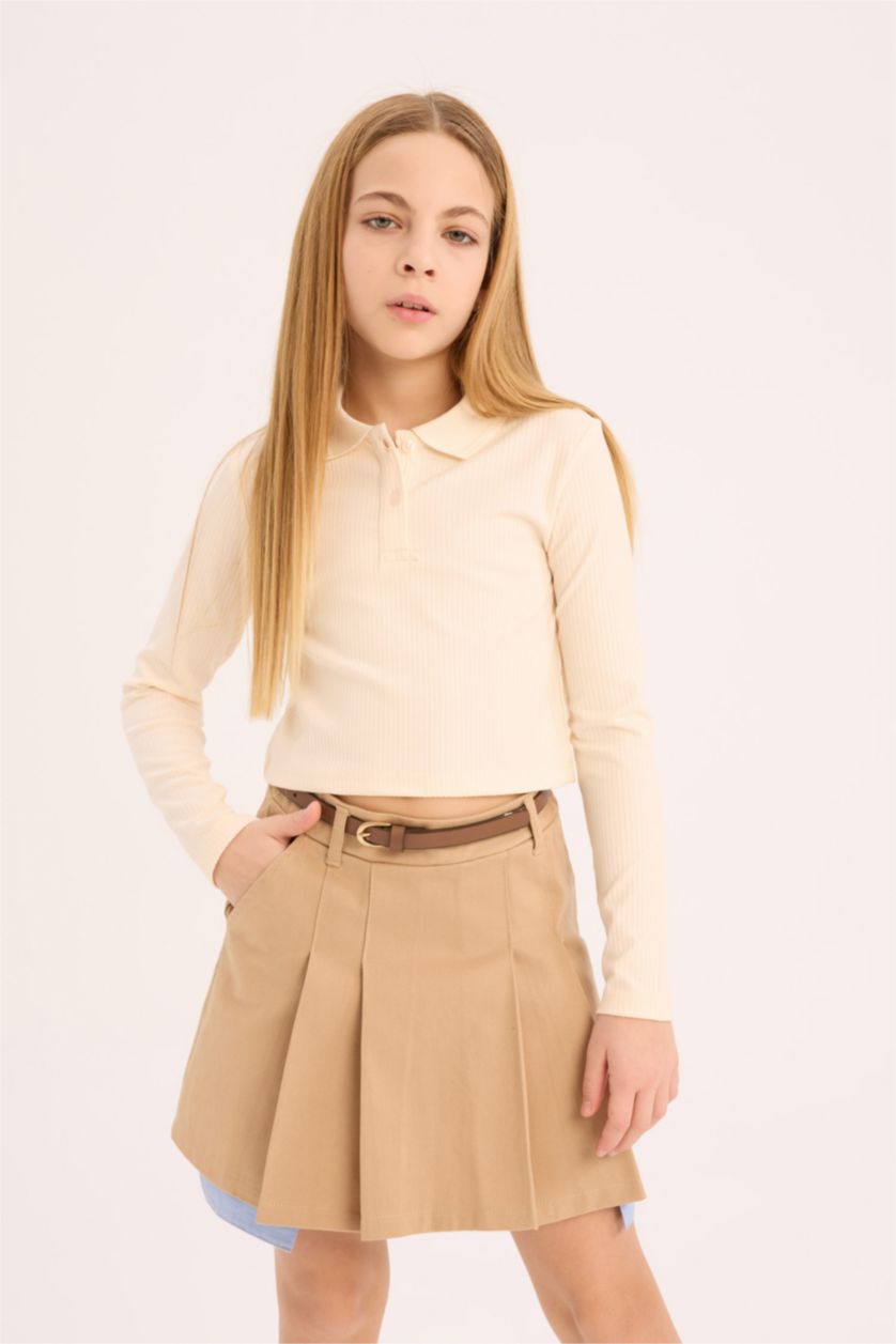 FILLES Écru T-shirt Polo slim en maille côtelée à manches longues pour fille