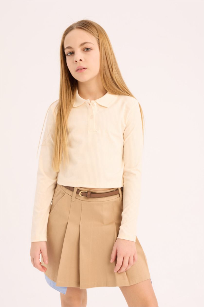 FILLES Écru T-shirt Polo slim en maille côtelée à manches longues pour fille