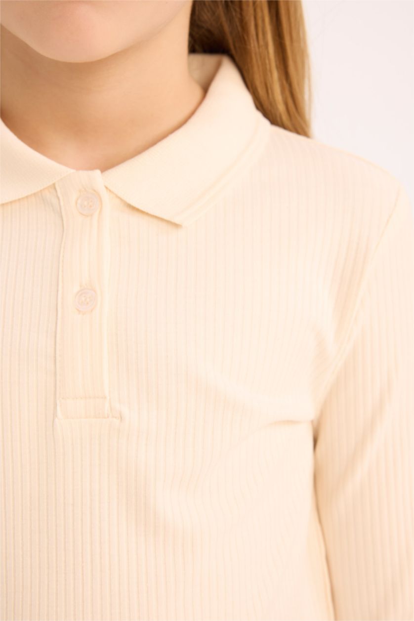 FILLES Écru T-shirt Polo slim en maille côtelée à manches longues pour fille