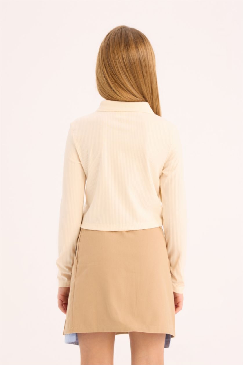 FILLES Écru T-shirt Polo slim en maille côtelée à manches longues pour fille