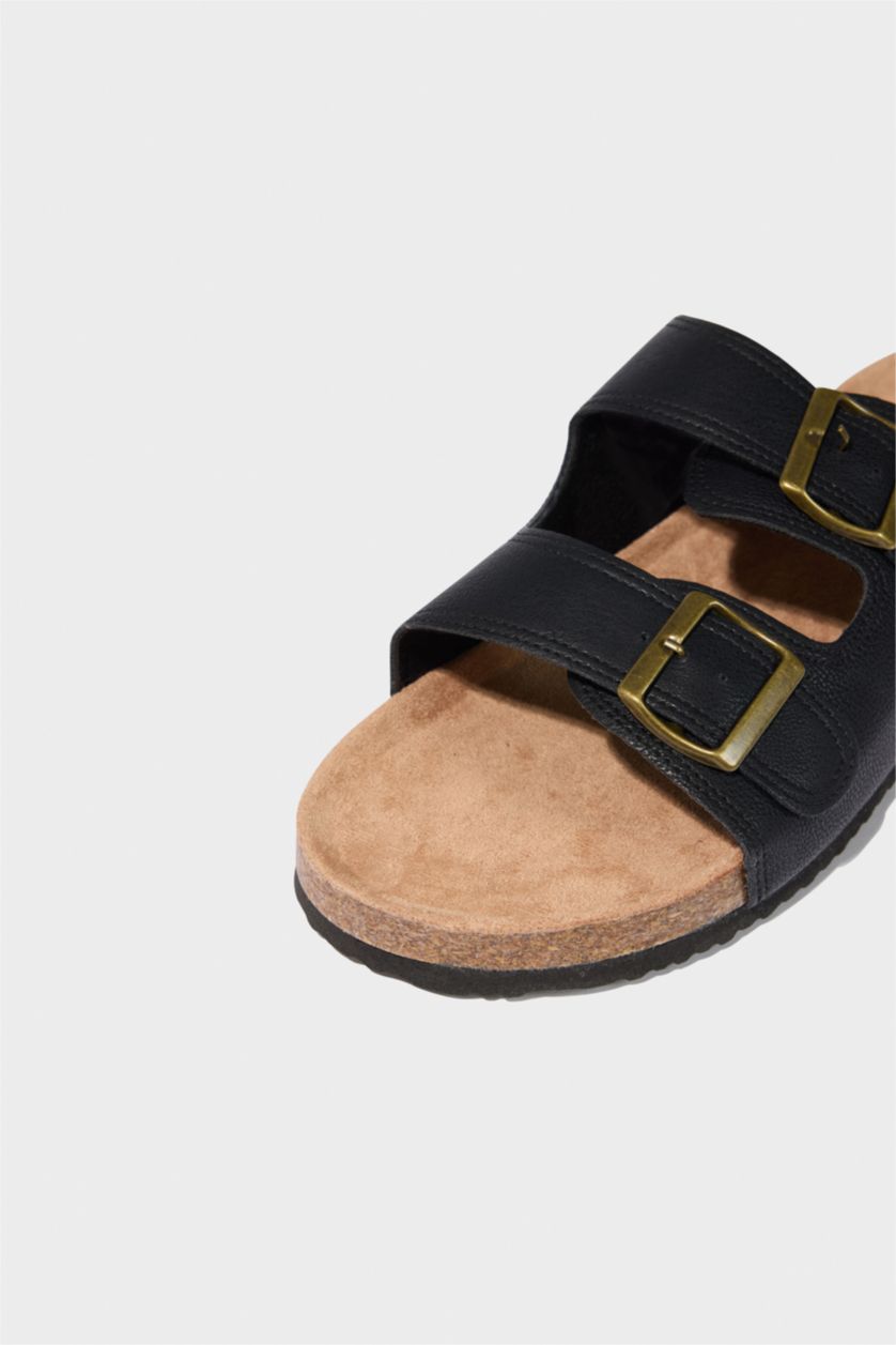 رجالي أسود شبشب رجالي جلد صناعي بكعب سميك بشريط مزدوج