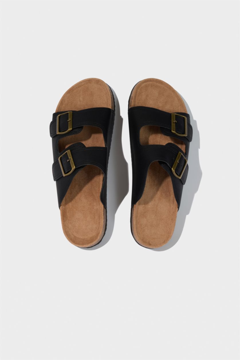 رجالي أسود شبشب رجالي جلد صناعي بكعب سميك بشريط مزدوج