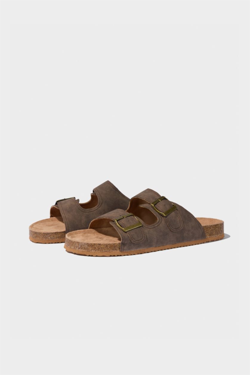 رجال بني شبشب جلد صناعي بكعب عالي بشريط مزدوج