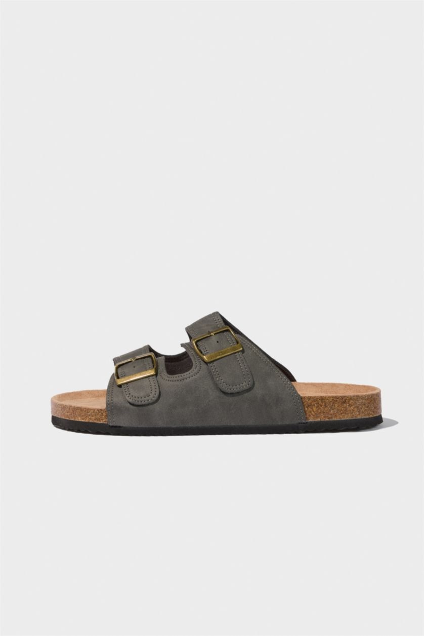 رجال رمادي شبشب جلد صناعي بكعب عالي بشريط مزدوج