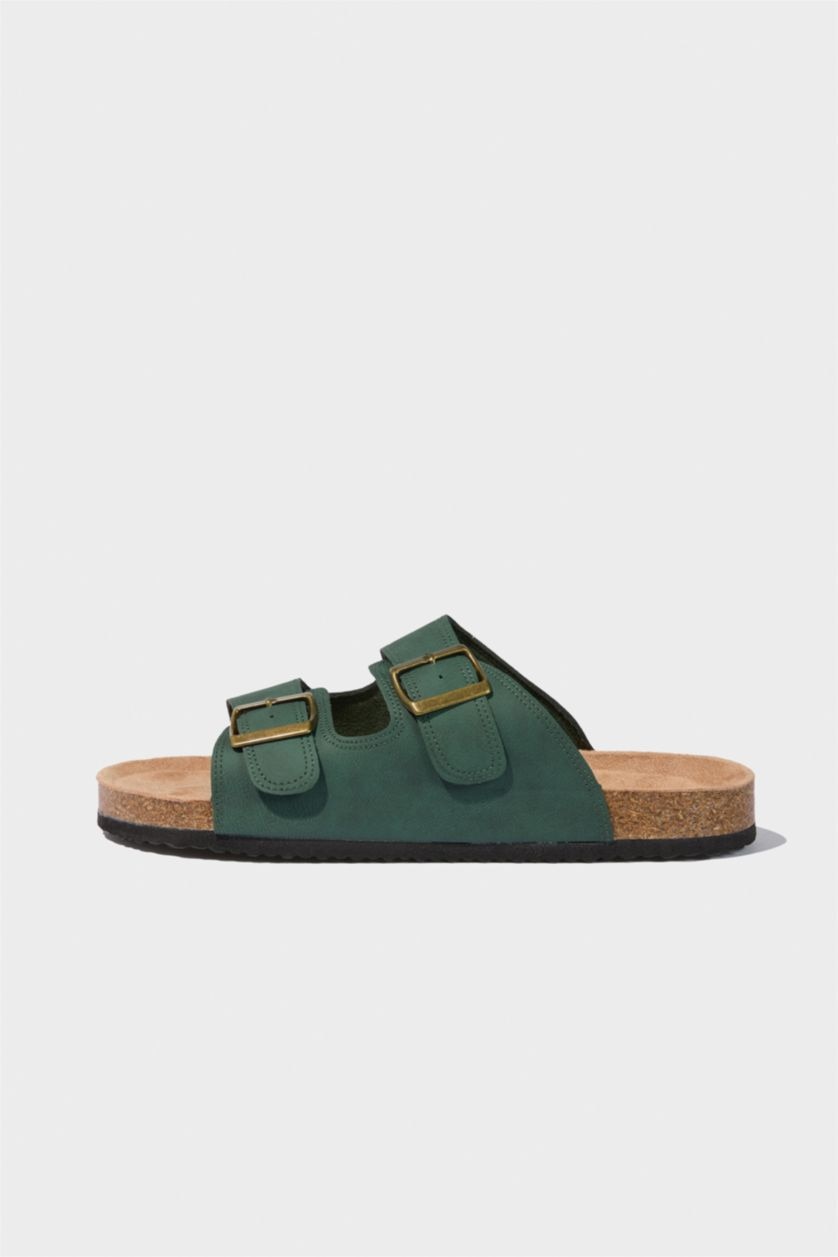 Man Khaki Man High Sole Double Banded Faux Leather Slippers