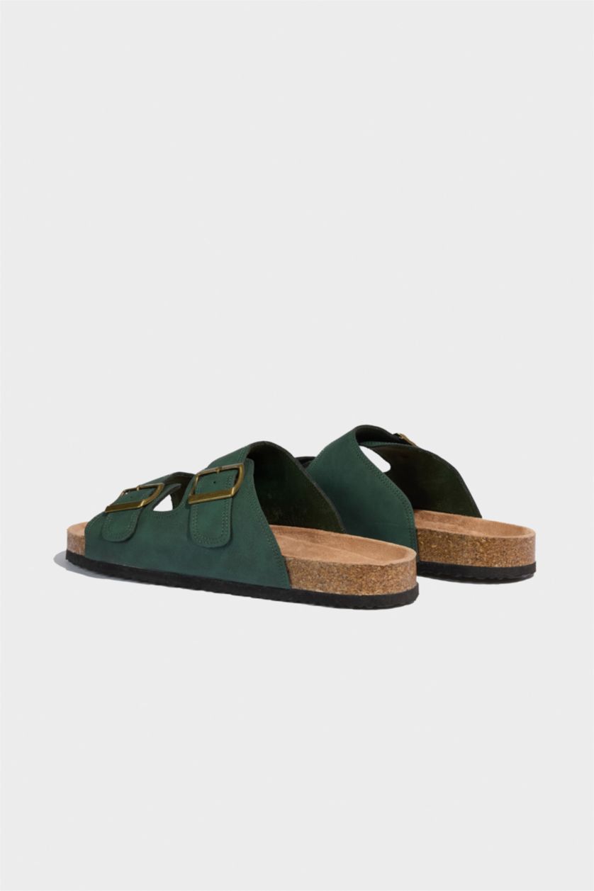 Man Khaki Man High Sole Double Banded Faux Leather Slippers