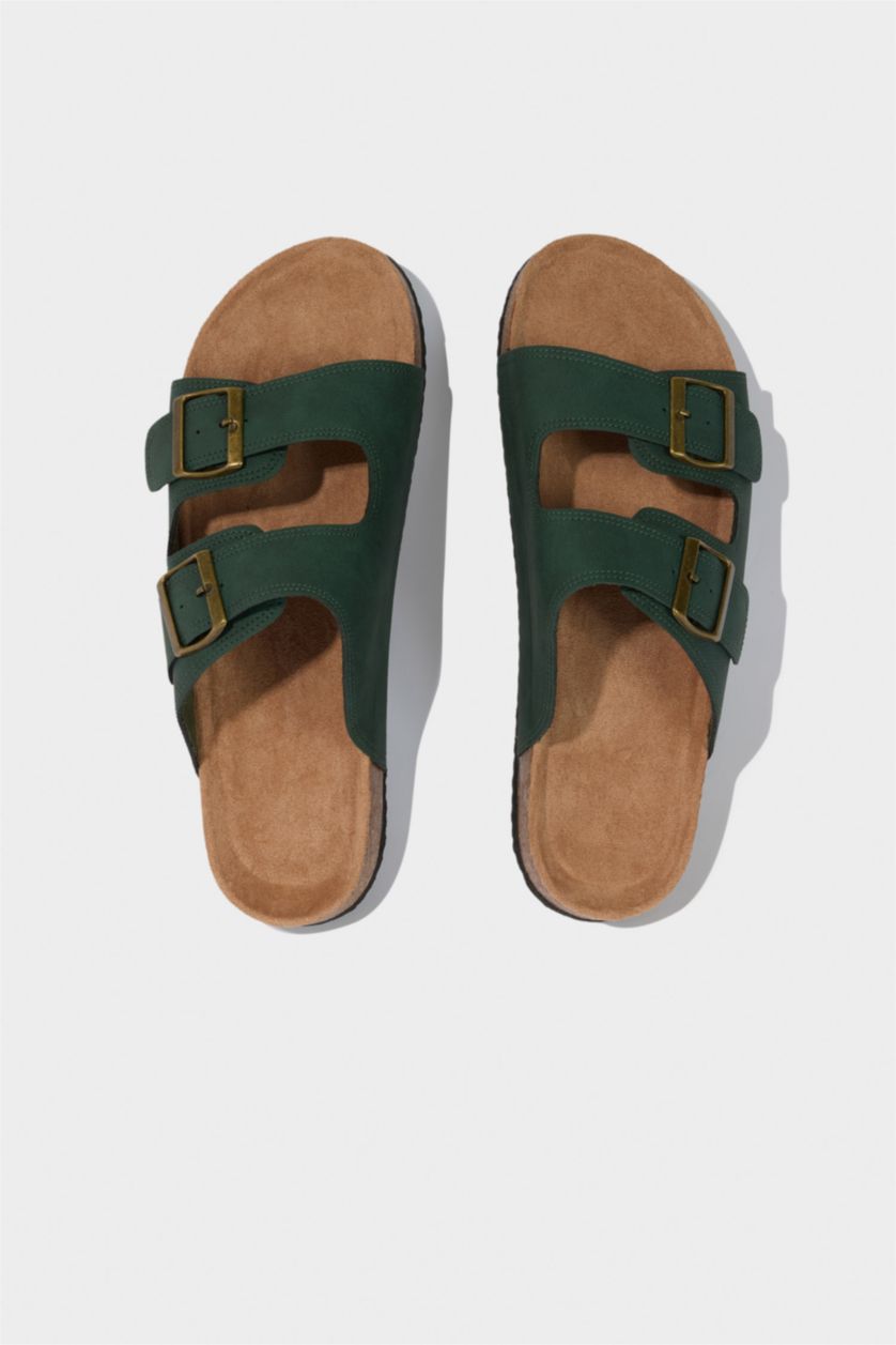 Man Khaki Man High Sole Double Banded Faux Leather Slippers