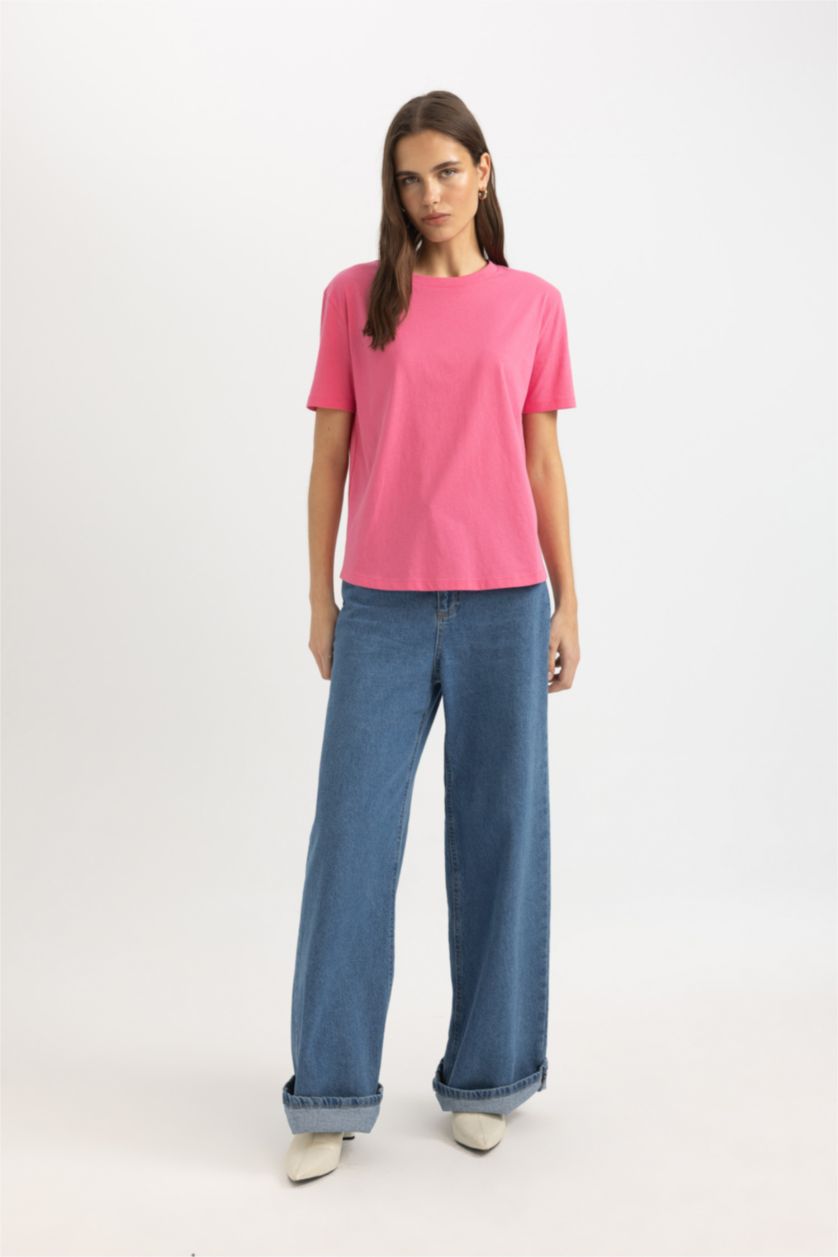 حريمي زهري تيشيرت قصة عادية بياقة دائرية