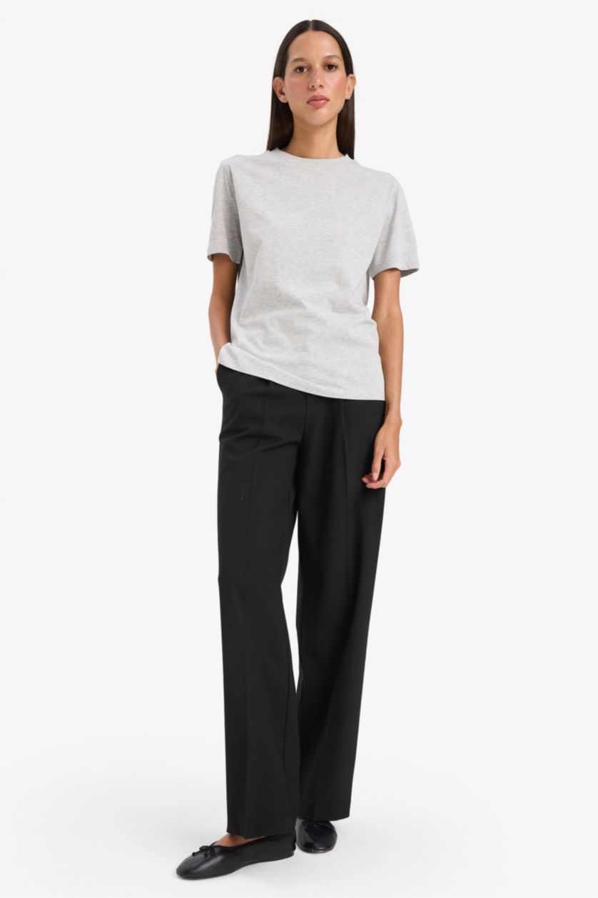 WOMAN Grey Melange Regular Fit Crew Neck Basic Cotton T-Shirt