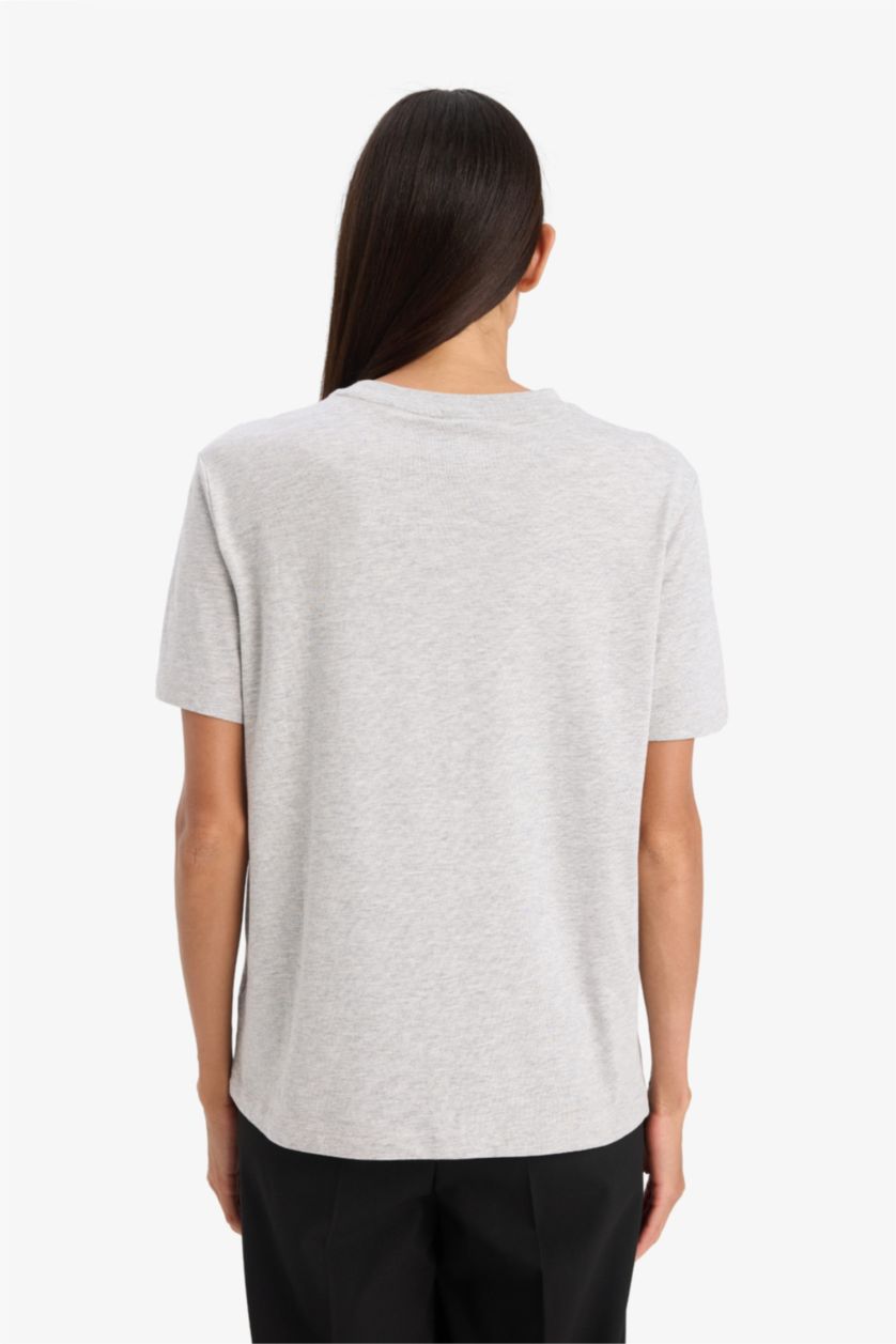 WOMAN Grey Melange Regular Fit Crew Neck Basic Cotton T-Shirt