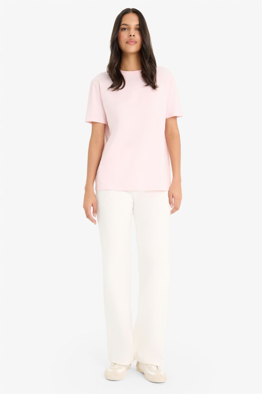 Woman Light Pink Regular Fit Crew Neck Basic Cotton T-Shirt