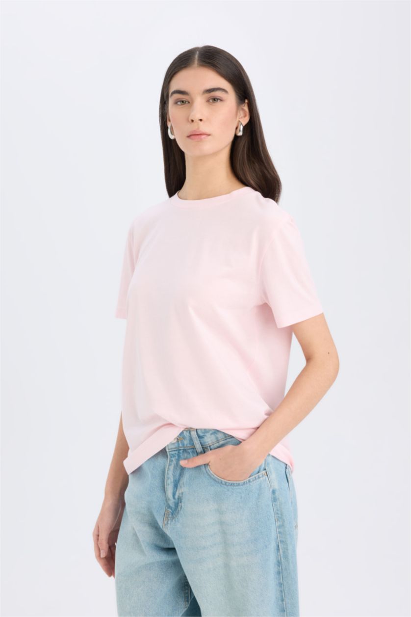 Woman Light Pink Regular Fit Crew Neck Basic Plain Casual Cotton T-Shirt