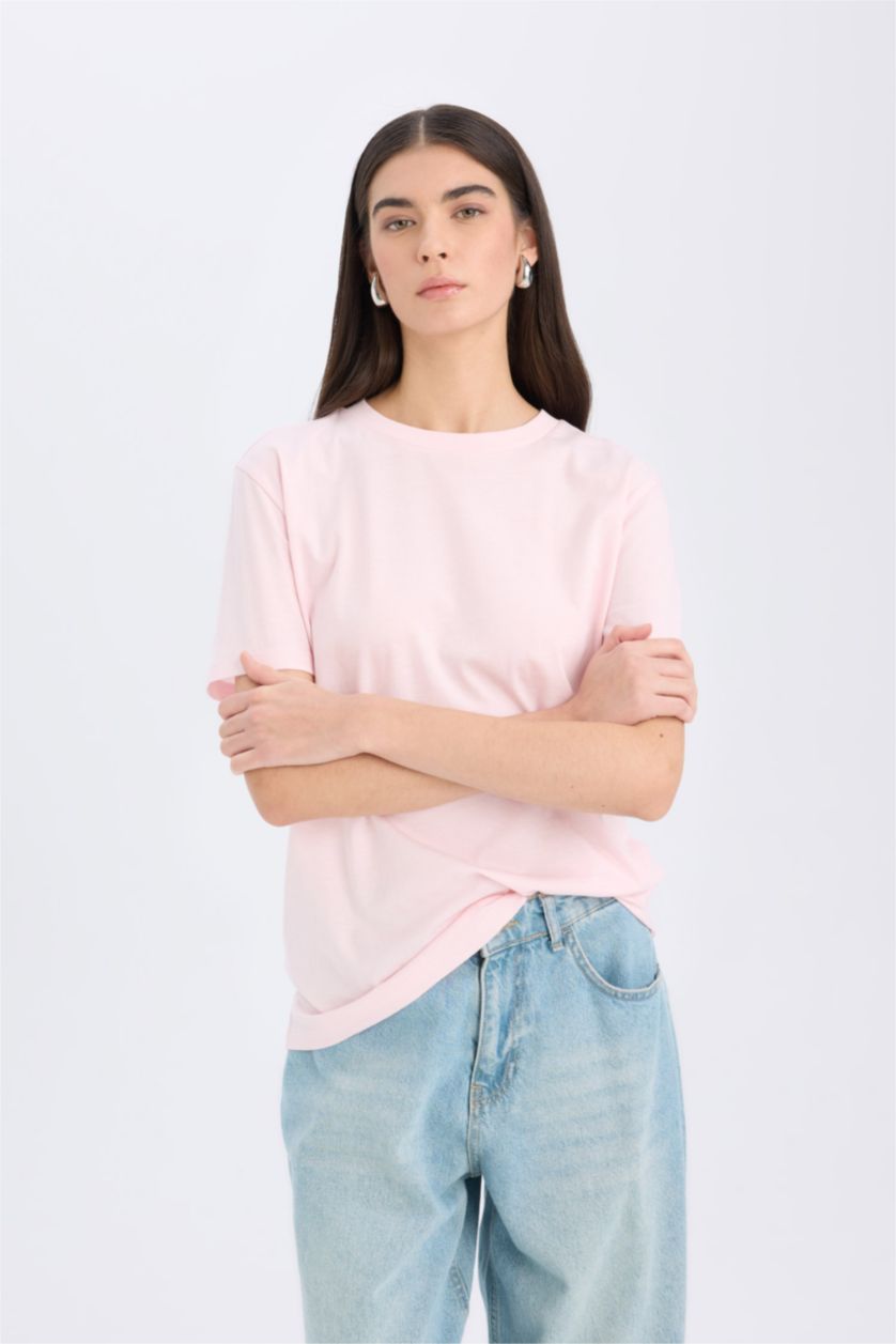 Woman Light Pink Regular Fit Crew Neck Basic Plain Casual Cotton T-Shirt