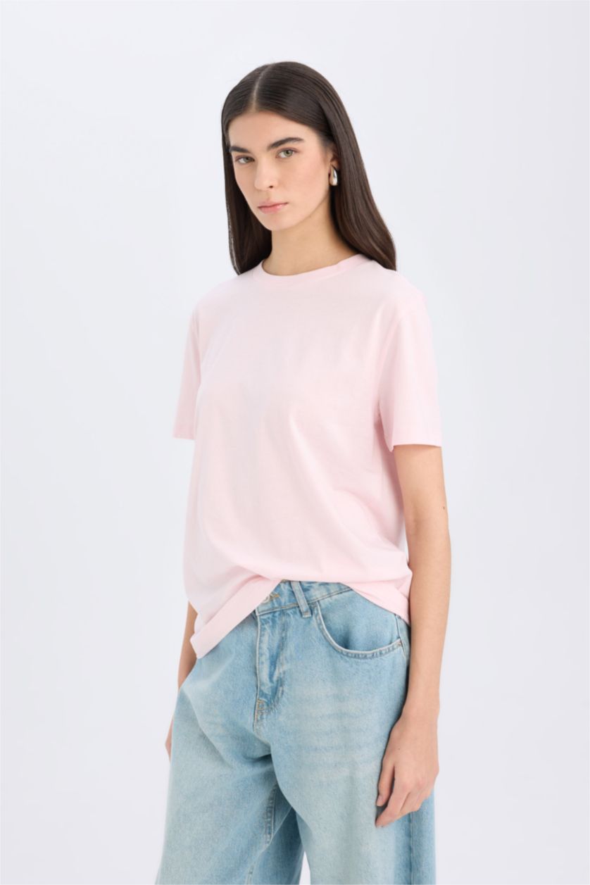Woman Light Pink Regular Fit Crew Neck Basic Plain Casual Cotton T-Shirt