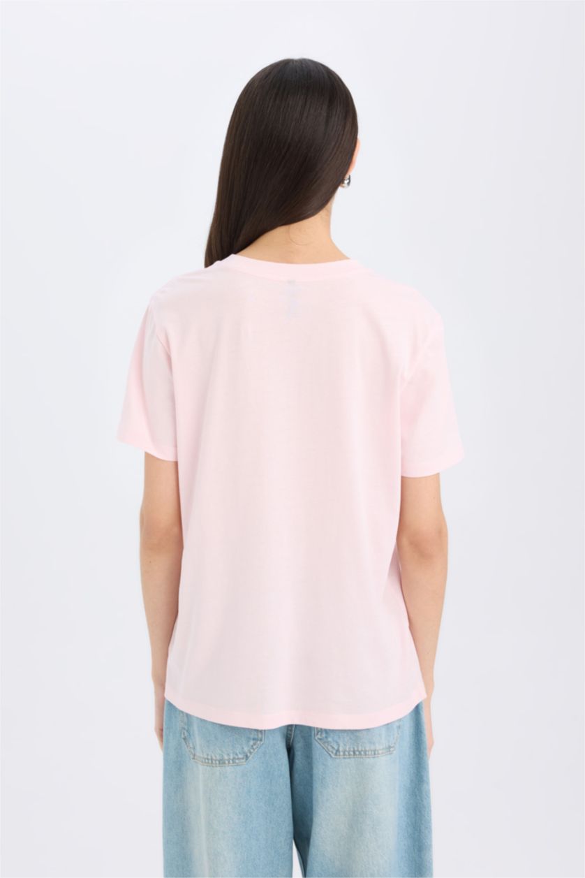 Woman Light Pink Regular Fit Crew Neck Basic Plain Casual Cotton T-Shirt