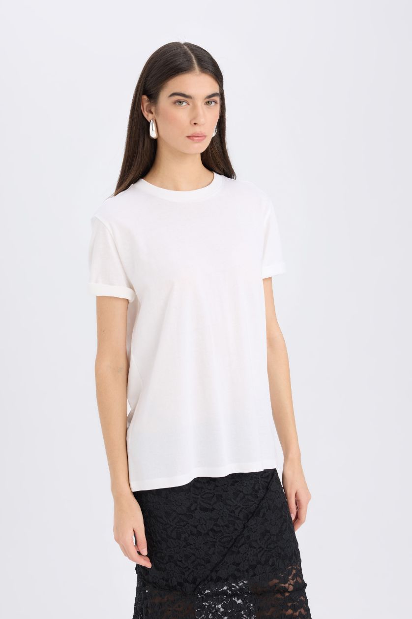 WOMAN White Regular Fit Crew Neck Basic Casual Cotton T-Shirt
