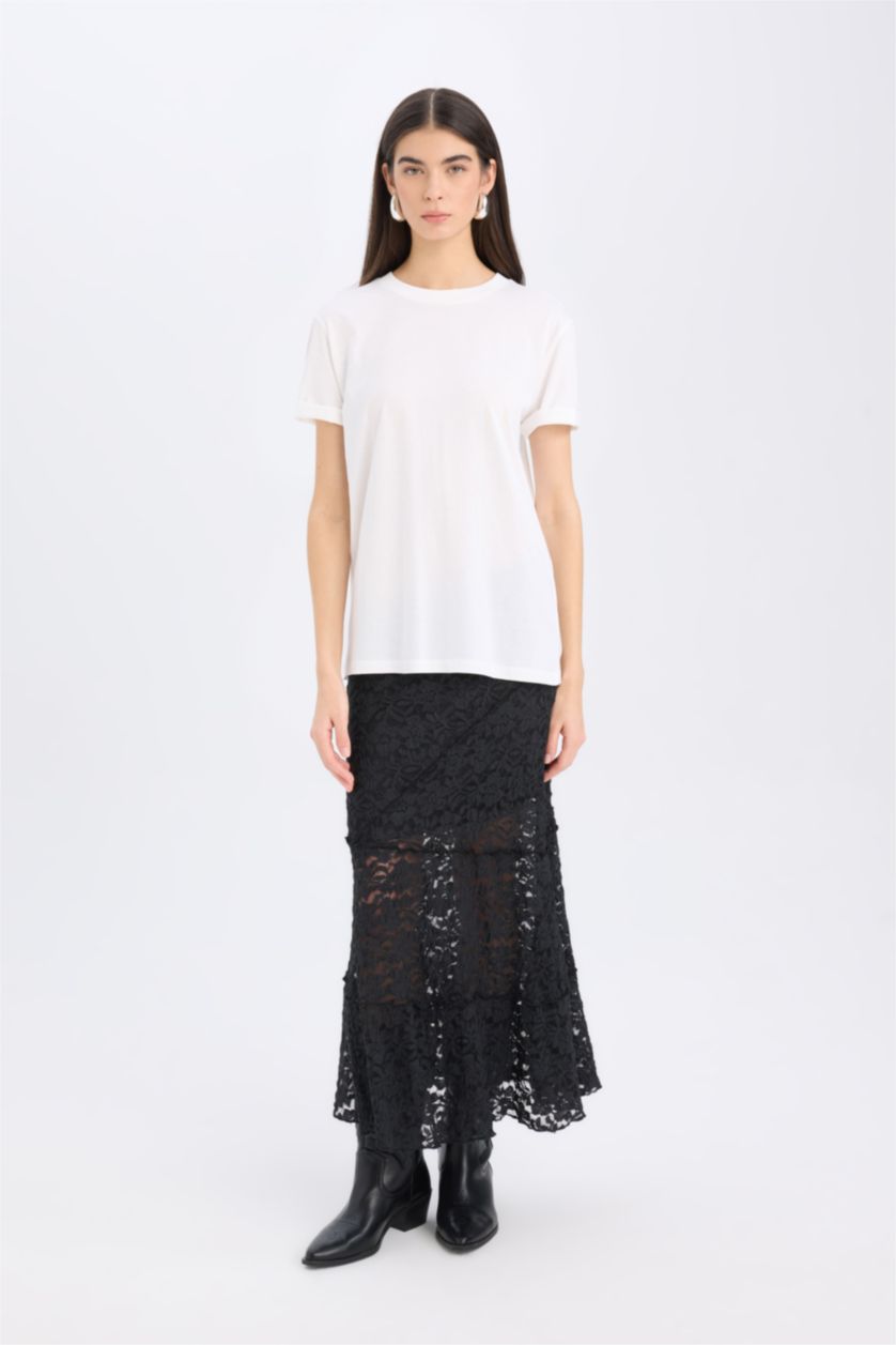 WOMAN White Regular Fit Crew Neck Basic Casual Cotton T-Shirt