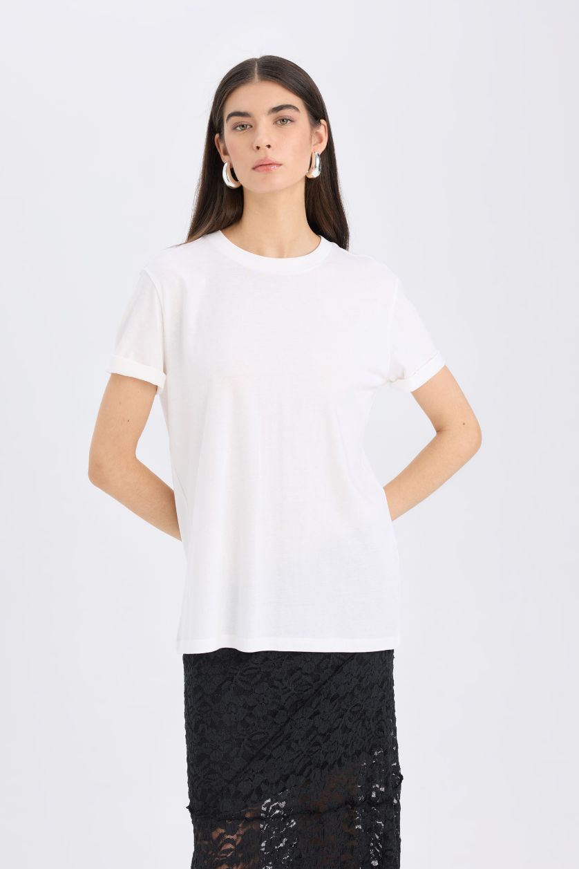 WOMAN White Regular Fit Crew Neck Basic Casual Cotton T-Shirt