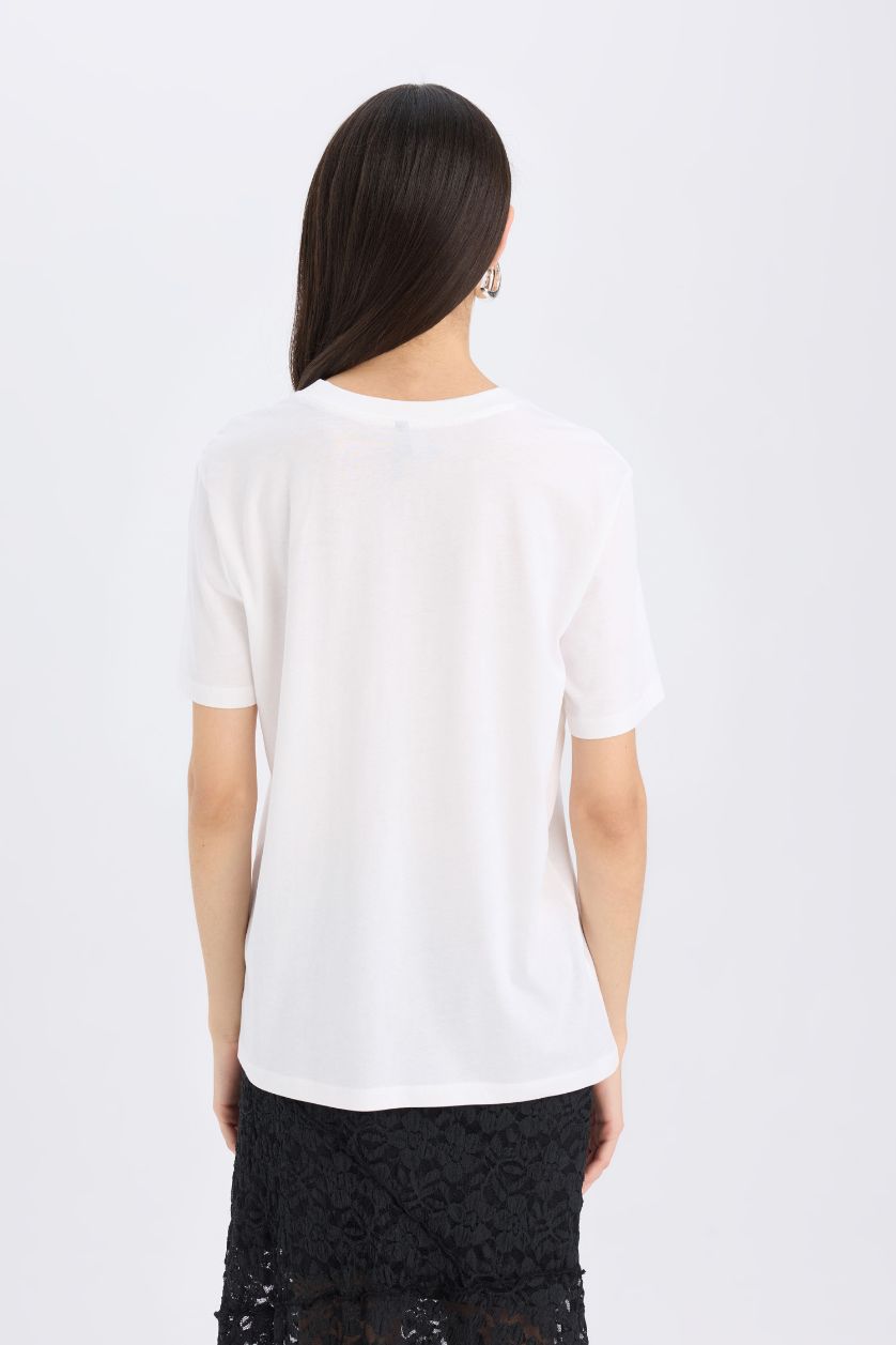 WOMAN White Regular Fit Crew Neck Basic Casual Cotton T-Shirt