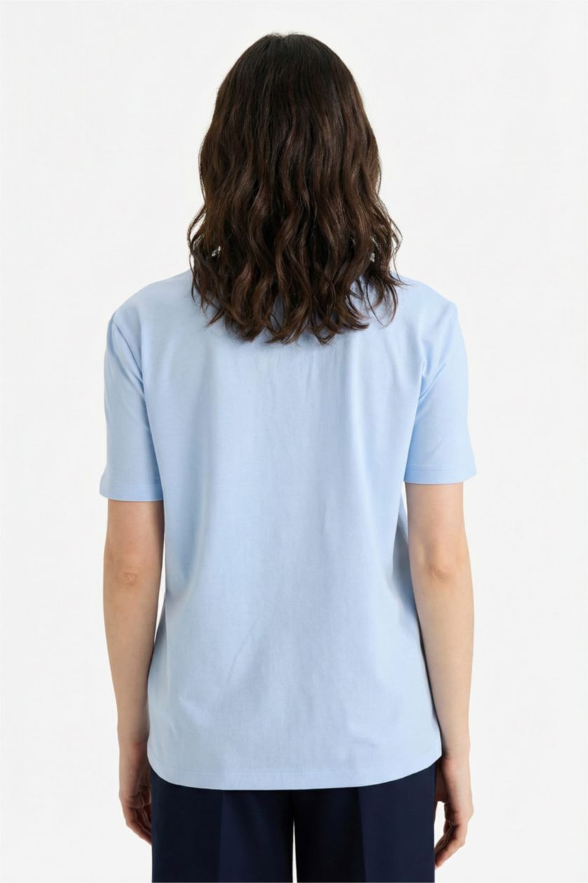 Әйелдерге Ашық Көк Regular Fit дөңгелек жағалы негізгі тегіс трикотаж қысқа жеңді футболка