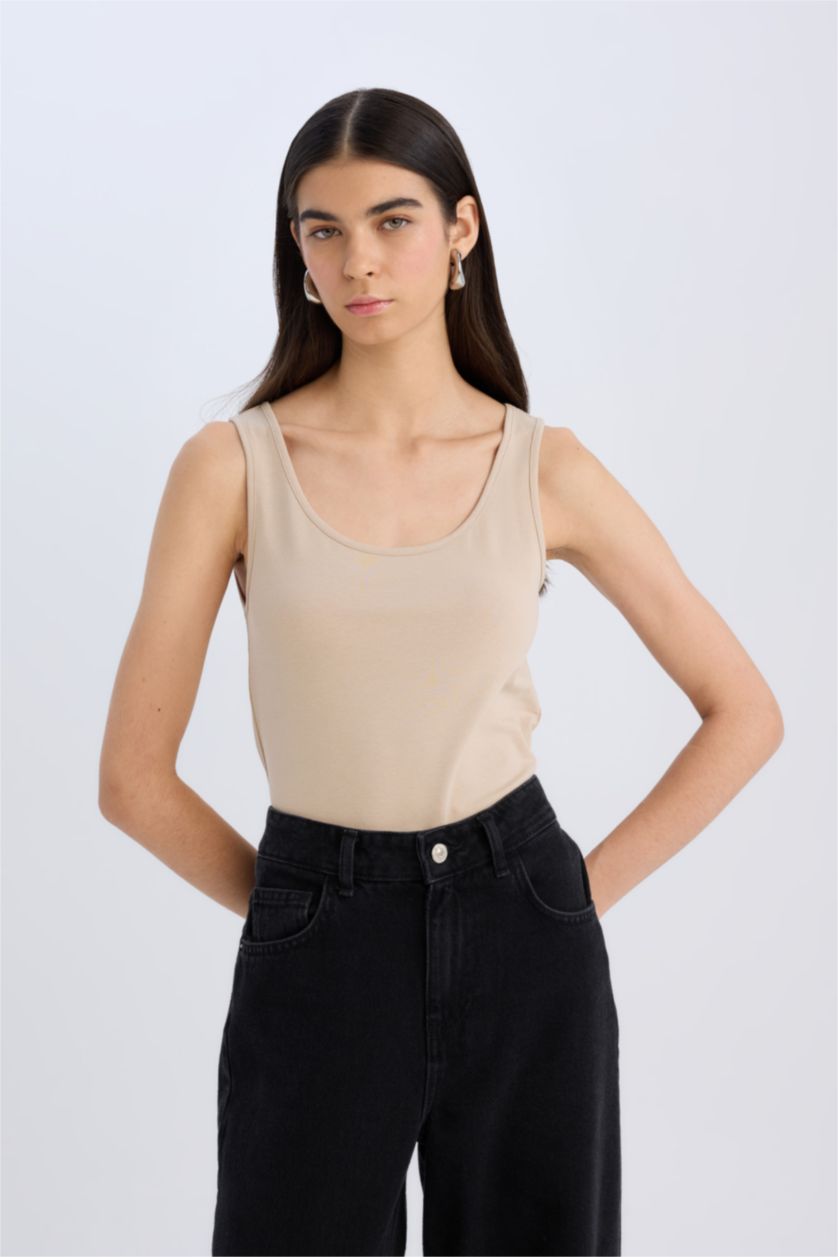 Женщины Бежевый Топ с круглым вырезом, с узким кроем и облегающим силуэтом