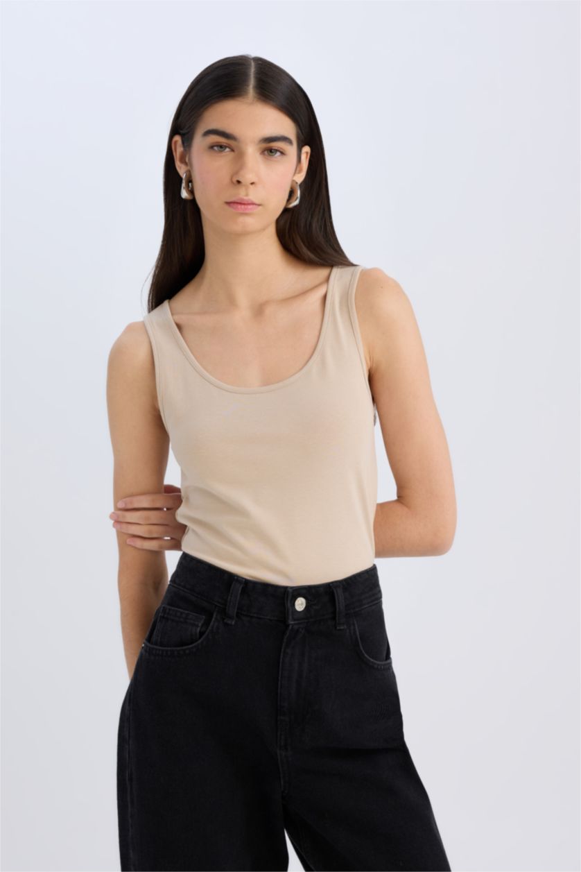 Женщины Бежевый Топ с круглым вырезом, с узким кроем и облегающим силуэтом