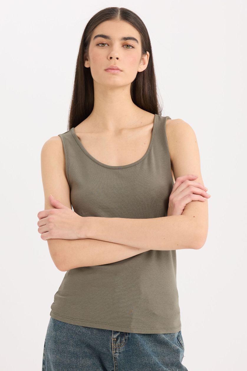 Kadın Açık Haki Slım Fıt Basıc Düz Yuvarlak Yaka Atlet