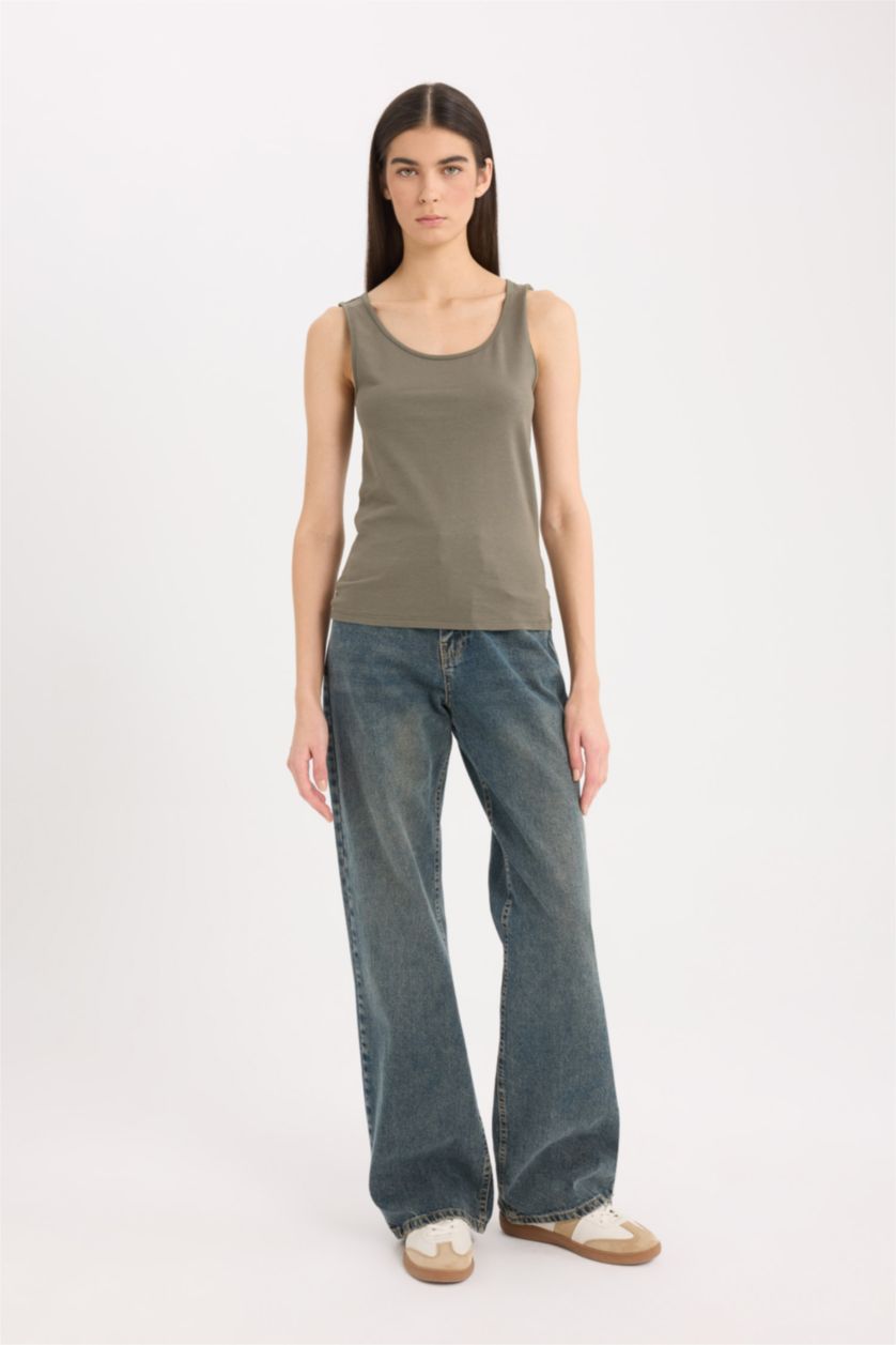 Kadın Açık Haki Slım Fıt Basıc Düz Yuvarlak Yaka Atlet