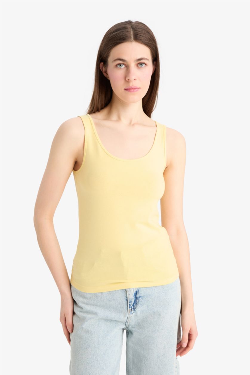 Женщины Светло-желтый Обтягивающая базовая майка с круглым вырезом