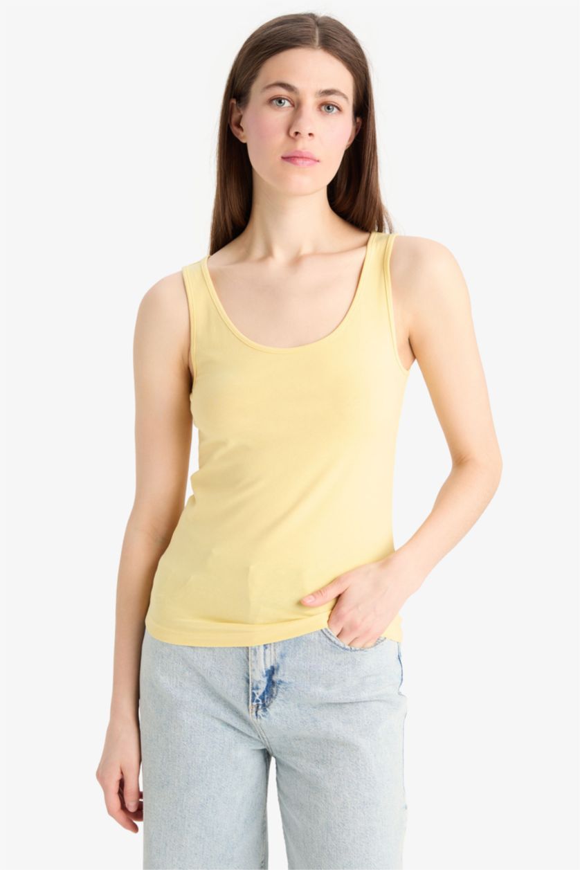 Женщины Светло-желтый Обтягивающая базовая майка с круглым вырезом