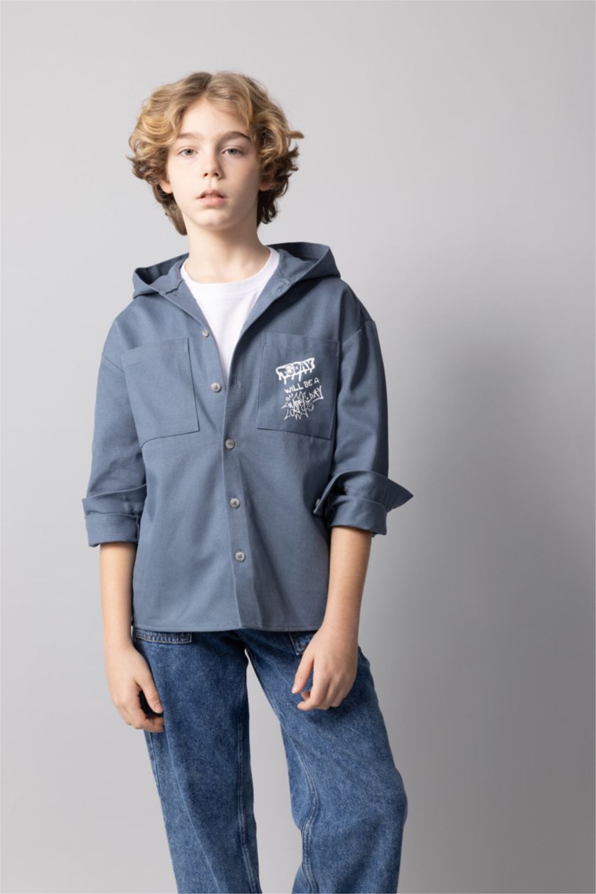 BOYS & TEENS Blue Boy Hooded Gabardine Long Sleeve Shirt